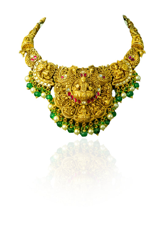 Antique Lakshmi Gold Choker with Emerald Beads